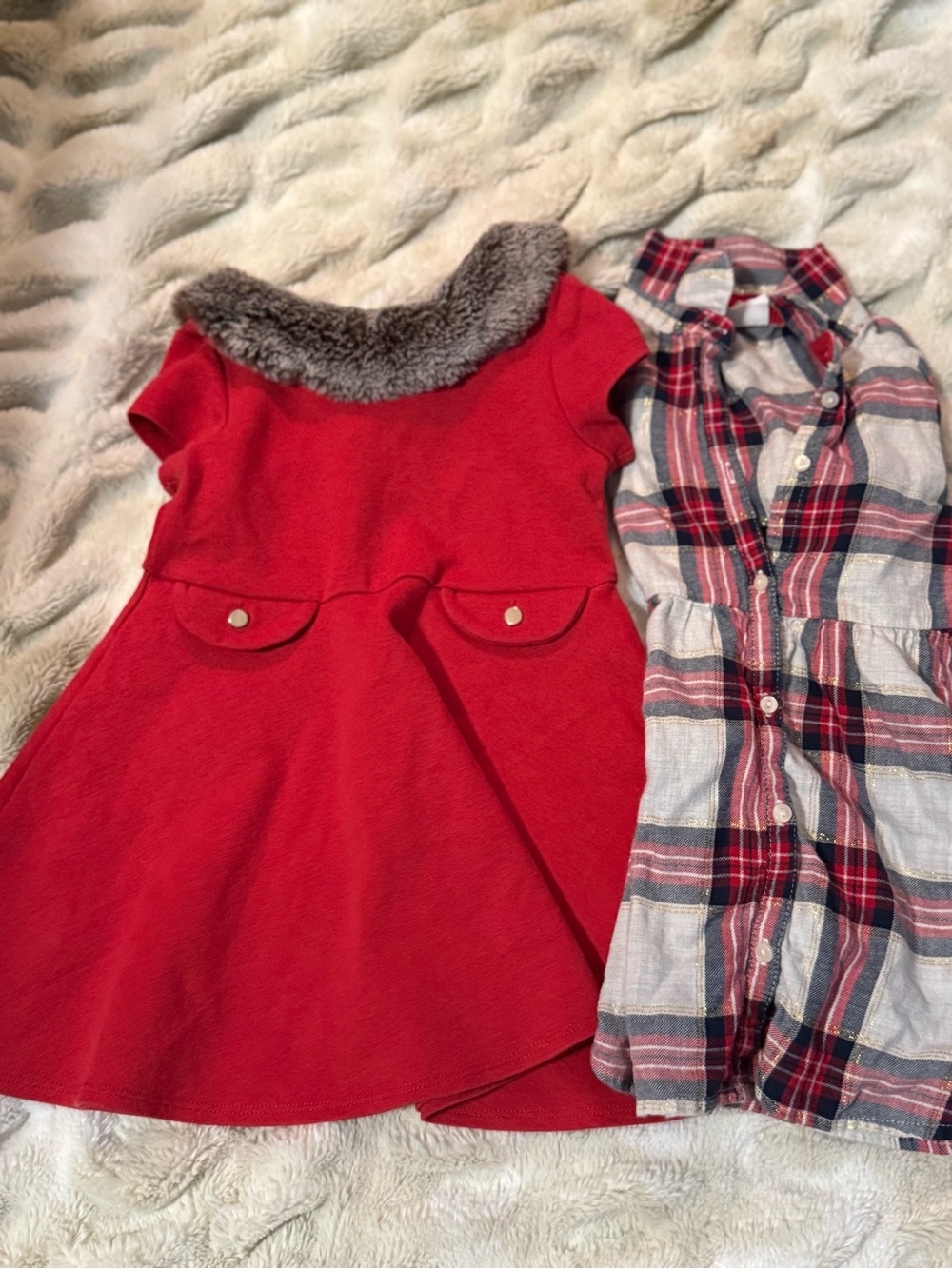 Hope & Henry Red Dress with Faux Fur Collar; H&M Plaid Dress. Holiday Perfection